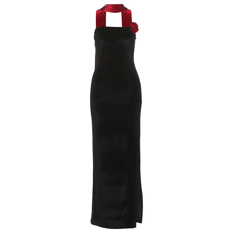 Slit flower applique backless tube maxi dress
