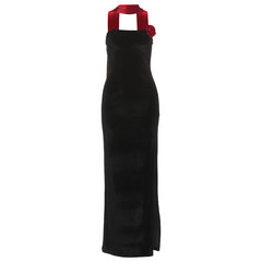 Slit flower applique backless tube maxi dress