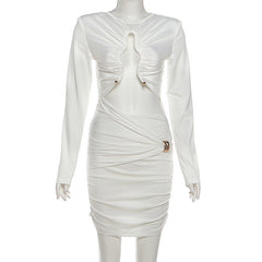 Long sleeve hollow out ruched crewneck cut out mini dress