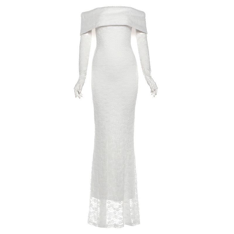 Off shoulder long sleeve lace solid maxi dress
