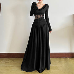 Long sleeve cowl neck lace ruched maxi dress