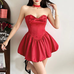 Bowknot ruched smocked sweetheart neck mini dress