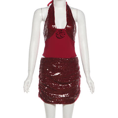 Glitter flower applique halter self tie mini skirt set
