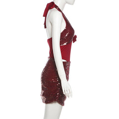 Glitter flower applique halter self tie mini skirt set