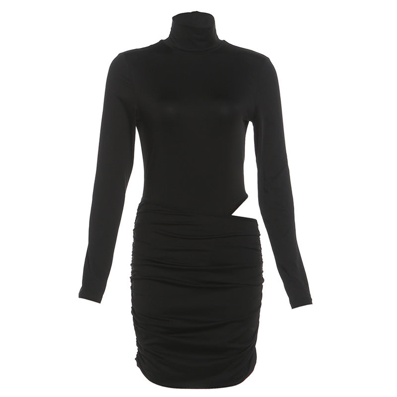 Ruched high neck long sleeve button mini dress
