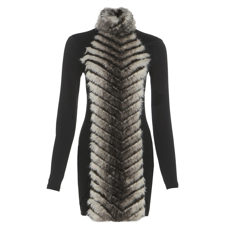 High neck fluffy long sleeve zip-up mini dress