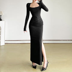 Long sleeve square neck slit ruched maxi dress