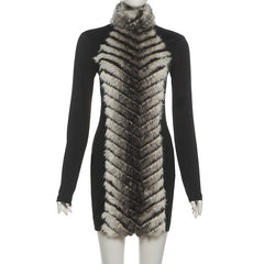 High neck fluffy long sleeve zip-up mini dress