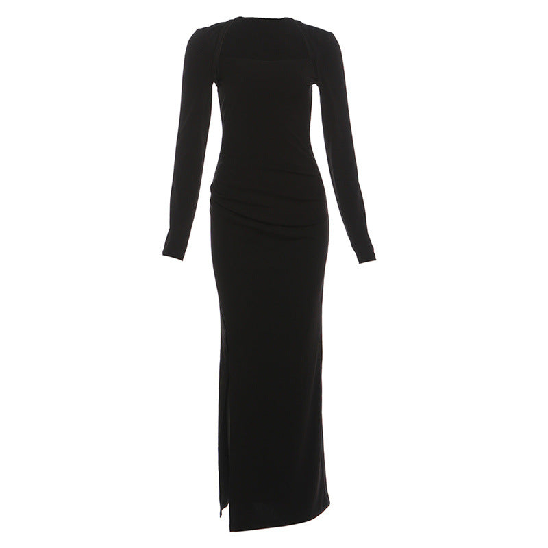Long sleeve square neck slit ruched maxi dress