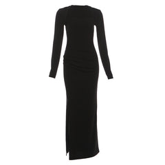 Long sleeve square neck slit ruched maxi dress