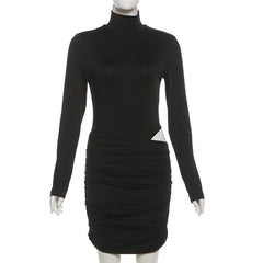 Ruched high neck long sleeve button mini dress