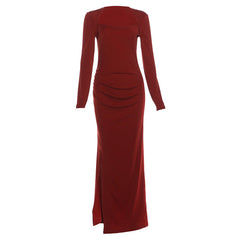 Long sleeve square neck slit ruched maxi dress