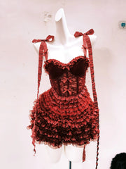Bowknot ruffle polka dot v neck cami mini skirt set