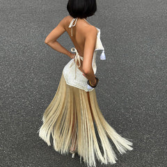 Tassels patchwork contrast midi skirt