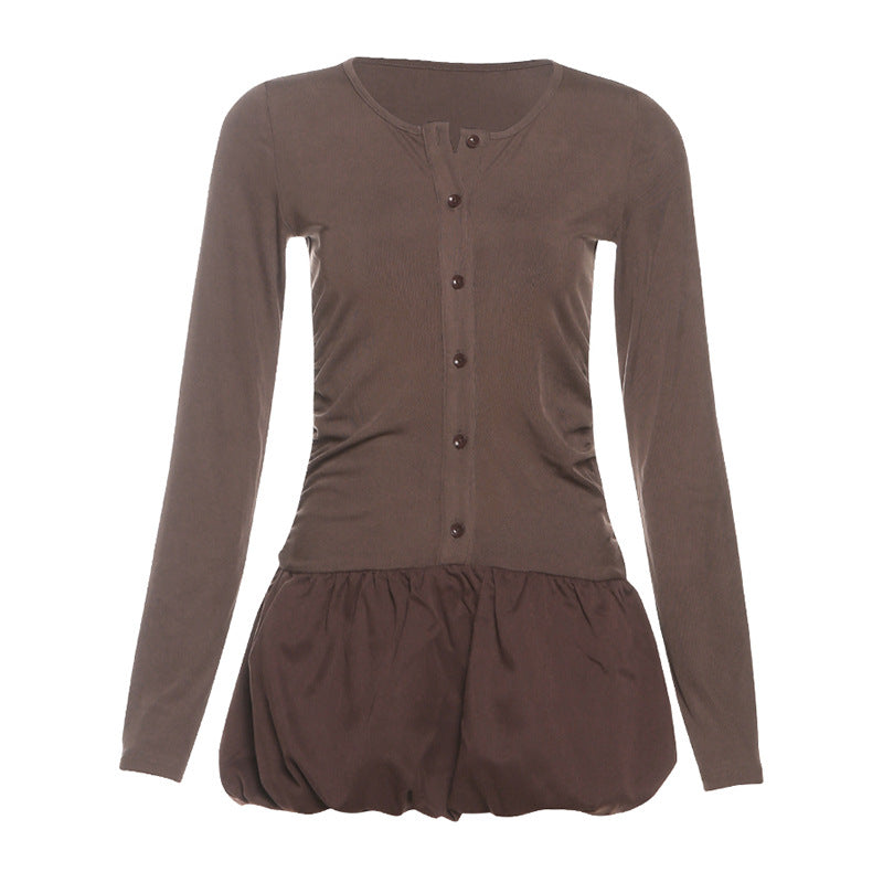 Long sleeve button round neck ruched mini dress