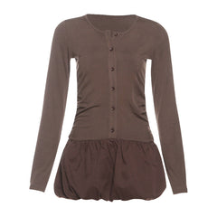 Long sleeve button round neck ruched mini dress