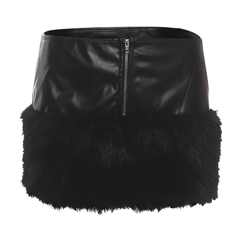 Zip-up PU leather fluffy patchwork mini skirt