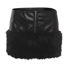 Zip-up PU leather fluffy patchwork mini skirt