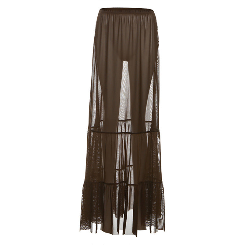 Sheer mesh ruched solid maxi skirt