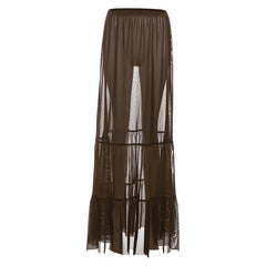 Sheer mesh ruched solid maxi skirt