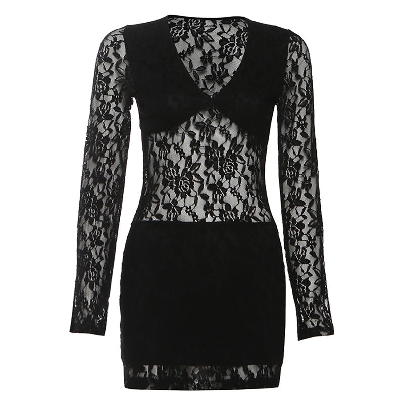 Lace long sleeve v neck solid mini dress