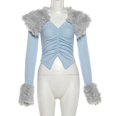 Ruched long sleeve fluffy v neck top