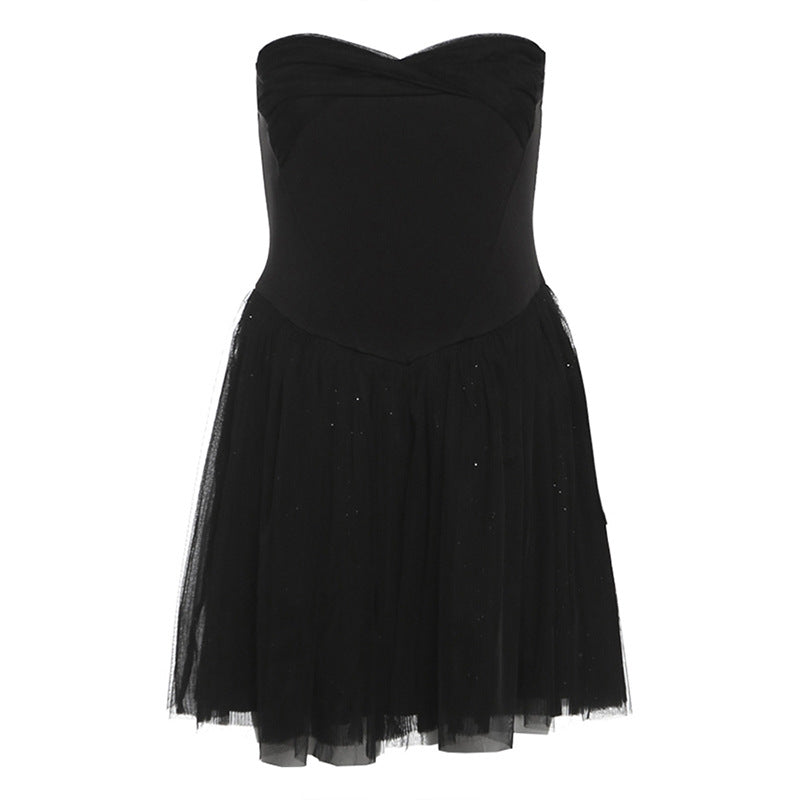 Sweetheart neck mesh glitter tube mini dress