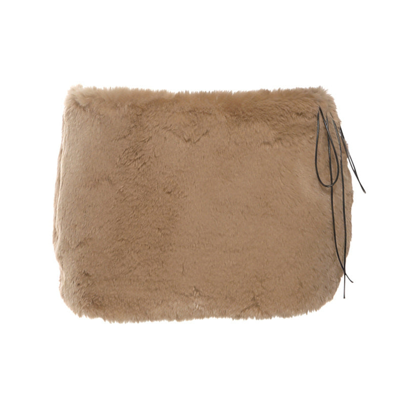 Fluffy zip-up self tie solid mini skirt