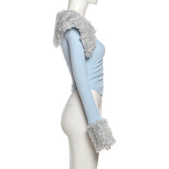 Ruched long sleeve fluffy v neck top