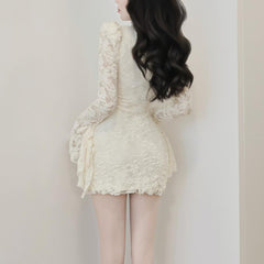 Crewneck long flared sleeve lace ruched mini dress