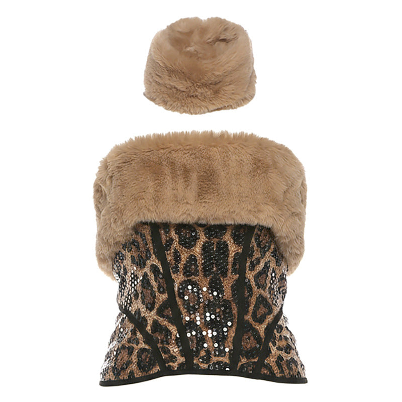 Leopard print glitter zip-up fluffy tube top