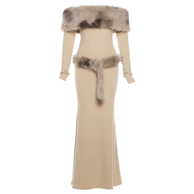 Long sleeve off shoulder fluffy maxi dress