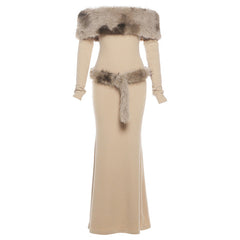 Long sleeve off shoulder fluffy maxi dress