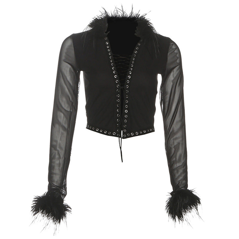 Long sleeve mesh lace up fluffy solid top