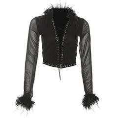 Long sleeve mesh lace up fluffy solid top