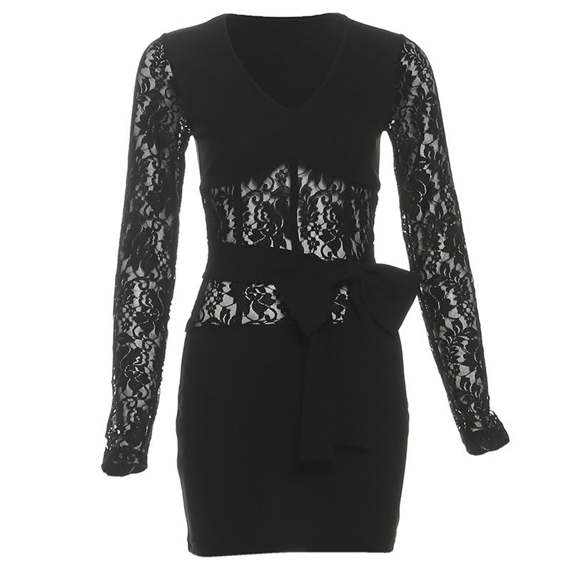 Long sleeve lace v neck bowknot mini dress