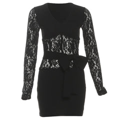 Long sleeve lace v neck bowknot mini dress