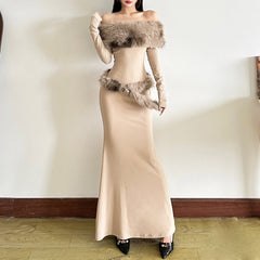 Long sleeve off shoulder fluffy maxi dress