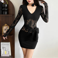 Long sleeve lace v neck bowknot mini dress