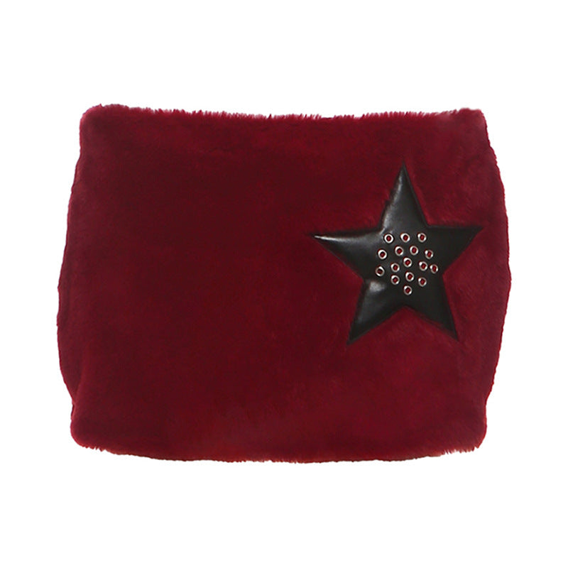 Fluffy zip-up five-pointed star pattern mini skirt