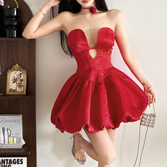 Hollow out zip-up ruched backless cut out mini dress