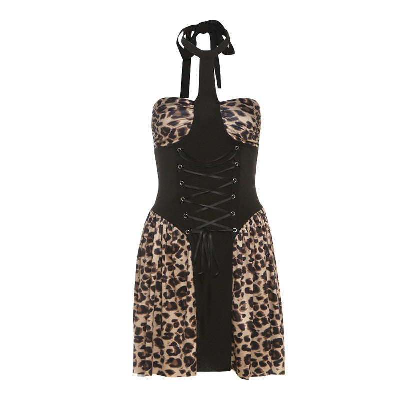 Halter self tie leopard print lace up mini dress