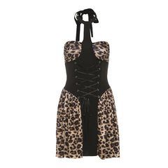 Halter self tie leopard print lace up mini dress