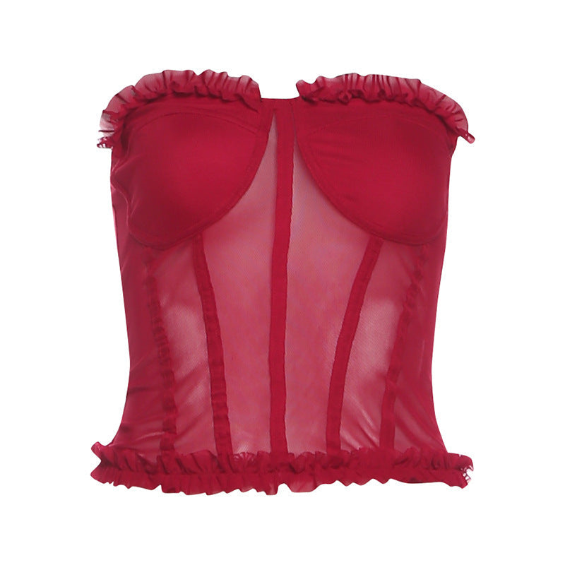 Ruffle mesh backless solid tube top