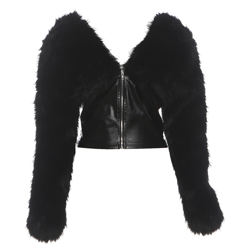 Long sleeve zip-up fluffy v neck PU leather top