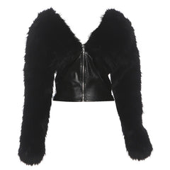 Long sleeve zip-up fluffy v neck PU leather top