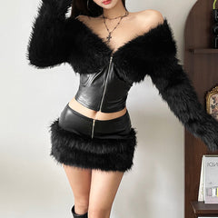 Long sleeve zip-up fluffy v neck PU leather top