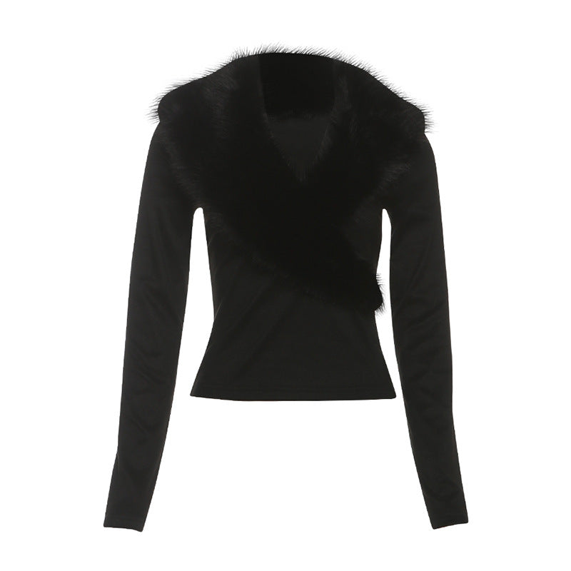 Long sleeve fluffy v neck solid top