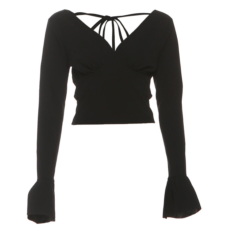 Long flared sleeve v neck self tie solid top