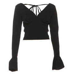 Long flared sleeve v neck self tie solid top